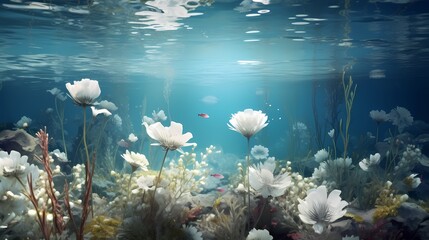 A surreal underwater scene with 3D floral elements floating gracefully in crystal-clear water, creating mesmerizing reflections.