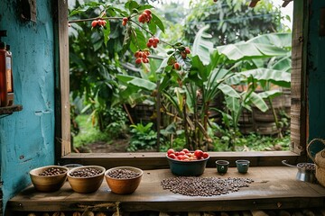 Coffee Corner: Freshly Picked Cherries and Roasted Beans at Rural Window