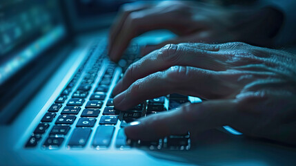 A detailed view of a persons hands typing on a laptop keyboard, focusing on the keys being pressed