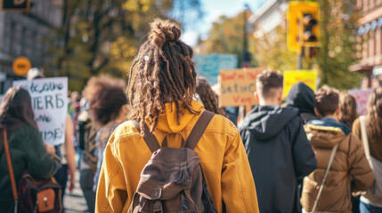 A person with dreadlocks strolls down a bustling city street, surrounded by buildings and pedestrians