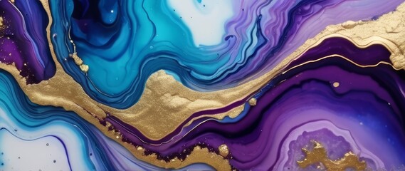 Abstract background paint swirls with water texture and wave patterns. Mixture of blue and purple paints. Fluid art painting