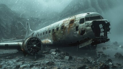 Plane crashed. Wreckage of airplane lies in field. Sad scene. The aftermath of a terrible aircraft fall. Rainy weather. Gloomy atmosphere. Bad accident concept.