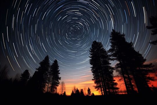 Time-lapse star trails circling around the North Star 