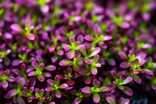 Tiny, scale-like leaves of a creeping thyme groundcover 