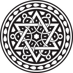 Vector black monochrome round Jewish ornament. Star of David. Semitic circle, ring. Jerusalem