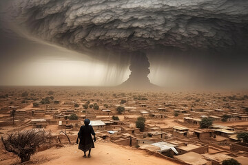 An African man stands resolute against the backdrop of a swirling tornado