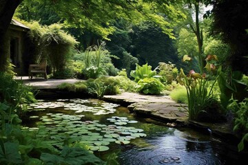 Tranquil garden pond surrounded by lush vegetation 