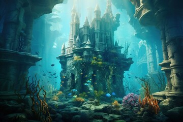Underwater mermaid kingdom with castles and aquatic plants 