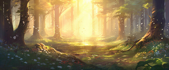 Delightful gradient forest with sunlight filtering through the trees, painting the cutest and most...