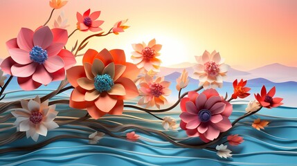A vibrant 3D floral arrangement, with petals gently swaying in a soft breeze, set against a dreamy sunset backdrop.