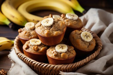 Vegan banana muffins adorned with walnut halves 