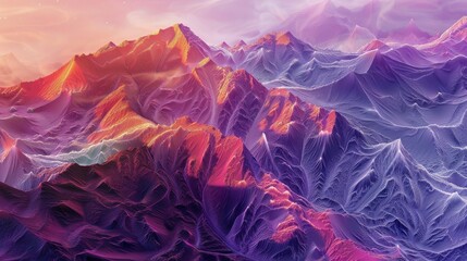 Naklejka premium Digital artwork of a mountain range bathed in neon colors, showcasing a fusion of natural forms with a futuristic, digital aesthetic.