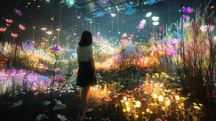 A young woman stands in awe in a magical garden where flowers glow with ethereal light, creating an enchanting and dreamlike atmosphere.