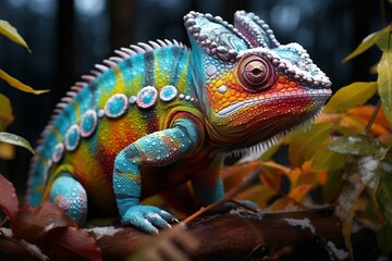 Fototapeta premium Vibrant chameleon blending into icy foliage 