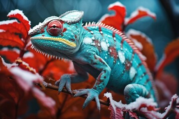 Fototapeta premium Vibrant chameleon blending into icy foliage 