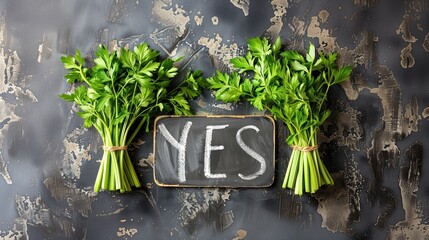 Yes, celery! A sign with the word YES beside the celery. Luscious healthy vegan celery with vitamins encourages you to say YES to it! Say YES to celery