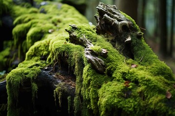 Vibrant, green moss on an ancient, gnarled tree trunk 