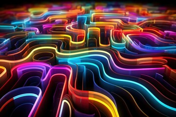Vibrant, multicolored neon lights forming a maze of straight and curved lines 