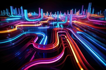 Vibrant, multicolored neon lights forming a maze of straight and curved lines 