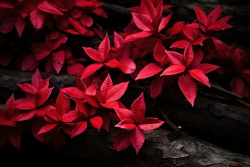 Vibrant red azalea shrub leaves contrasting against dark bark 