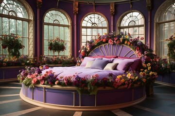 Victorian-themed circular beds with color-blocked pansies 
