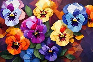 Fototapeta na wymiar Colorful pansies arranged in a geometric pattern, providing an artistic canvas for text.