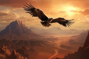 Obraz premium Vulture circling over a dramatic desert landscape 