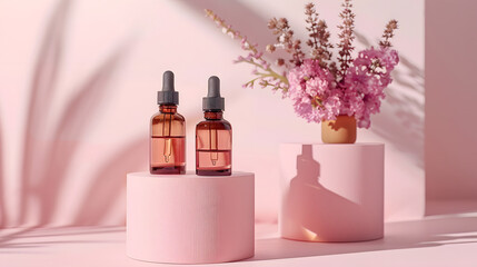 pink dropper bottles on a pink podium with pink flowers in the background.