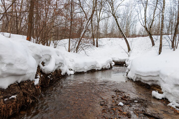 Stream in the winter forest. Winter landscape with a frozen creek.