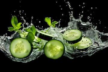 Water splash on fresh cucumber slices 