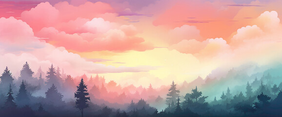 Dreamy gradient forest with misty trees and a colorful sky, presenting the cutest and most beautiful woodland scenery.