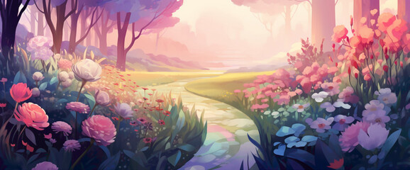 Dreamy gradient garden with winding paths and blooming flowers, evoking the cutest and most...