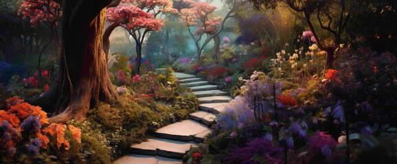 Dreamy gradient garden with winding paths and vibrant flowers, evoking the cutest and most...