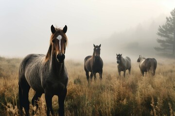 Wild horses grazing in meadow with dense fog 