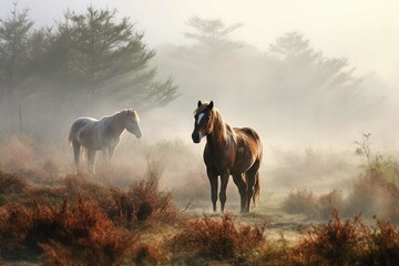 Wild horses grazing in meadow with dense fog 
