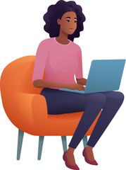 A woman, person, using a laptop computer cartoon illustration. Possibly remote working online from home or running a business as an entrepreneur or freelancer. Could also be a college student studying