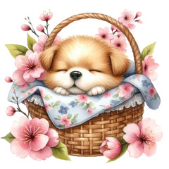 cute dog sleeping in a cherry blossom basket 