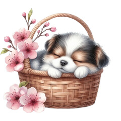 cute dog sleeping in a cherry blossom basket 