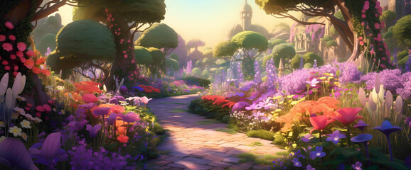 Dreamy gradient garden with winding paths and vibrant flowers, evoking the cutest and most beautiful botanical retreat.