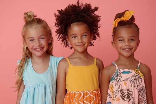 lovely little girls posing in cute summer clothes. Summer collection advertisement
