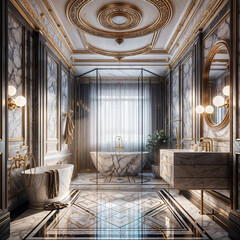 
a bathroom with a marble bathtub and a walk in shower, a digital rendering  behance, art deco, rendered in unreal engine, vray, vray tracing