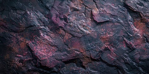 Textured volcanic rock surface with crimson and violet tones.