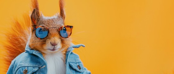 Funny animal photography - Cool red squirrel with sunglasses and blue jeans jacket, isolated on...