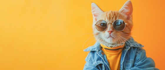 Funny animal pet photography - Cool brown cat with sunglasses and blue jeans jacket, isolated on...