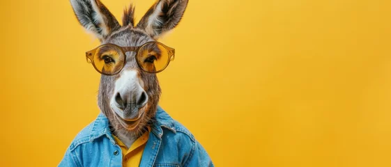 Muurstickers Funny animal photography - Cool happy smiling donkey with sunglasses and blue jeans jacket, isolated on yellow background banner © Corri Seizinger