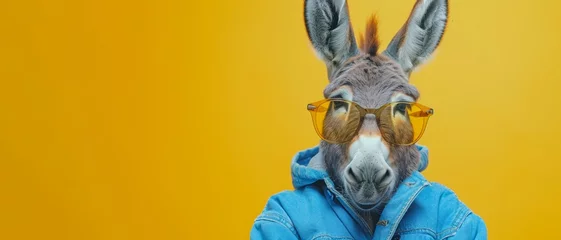 Deurstickers Funny animal photography - Cool happy smiling donkey with sunglasses and blue jeans jacket, isolated on yellow background banner © Corri Seizinger
