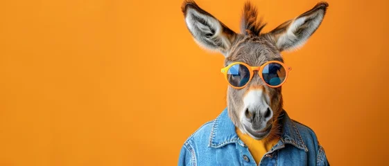 Schilderijen op glas Funny animal photography - Cool happy smiling donkey with sunglasses and blue jeans jacket, isolated on yellow background banner © Corri Seizinger