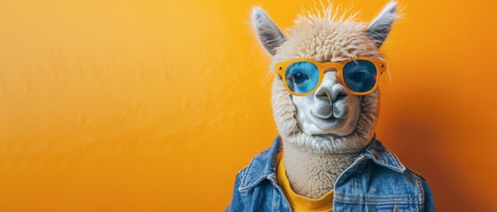 Funny animal photography - Cool alpaca with sunglasses and blue jeans jacket, isolated on yellow background banner - obrazy, fototapety, plakaty