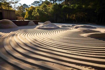 Zen garden with raked sand patterns 