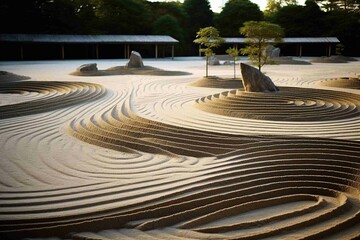 Zen garden with raked sand patterns 